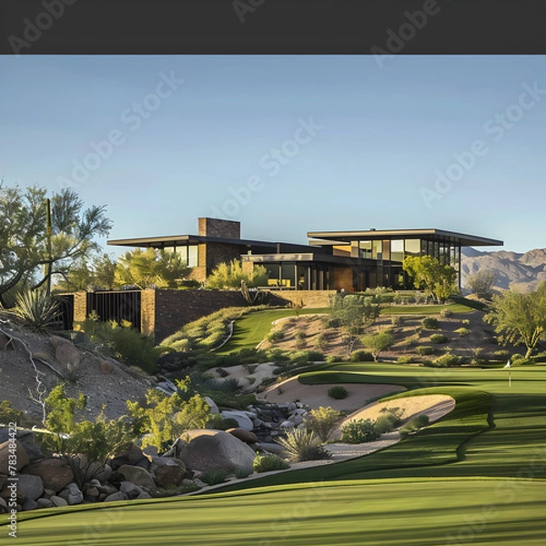 Fototapeta a modern style single level home as seen from a golf course fairway with a desert drainage wash between the golf course and the home Ai generative 