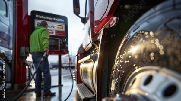 Fototapeta A closeup image of a truck driver refueling their vehicle at a gas station. In the background a sign displaying Biofuel Blend can be seen indicating that this gas station is part of .