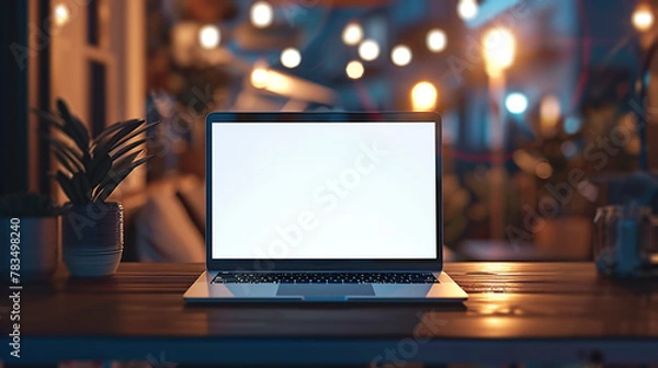 Fototapeta An open laptop with a blank screen on a wooden table, evening interior background, concept for branding mockup. Generative AI