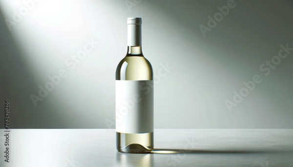 Fototapeta A wine bottle with a blank label on a reflective surface with a light gradient background, ideal for branding mockup. Generative AI