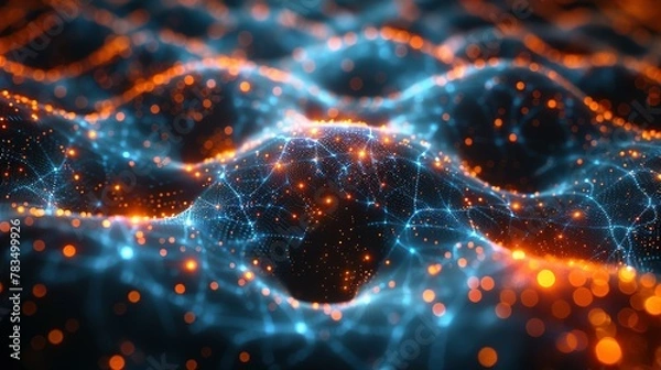 Obraz Cyber big data flow. Blockchain data fields. Network line connect stream. Concept of AI technology, digital communication, science research, 3D illustration neural cells.
