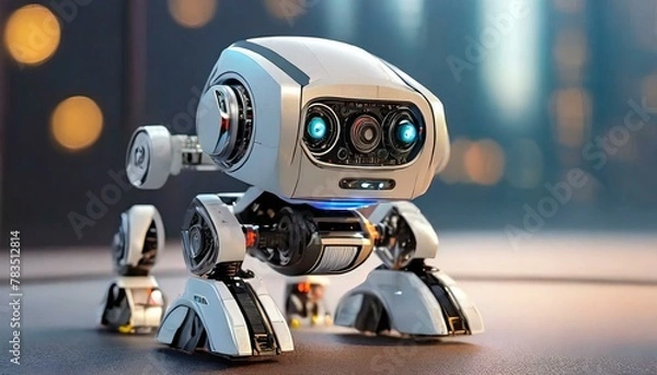 Fototapeta digital modern Mini robot against a minimalist backdrop, emphasizing its compact size and advanced features. Background