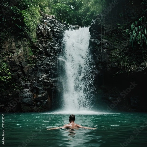 Obraz a man swims at a tropical waterfall in sunny weather