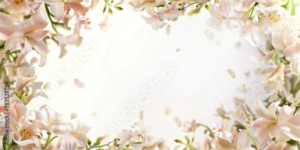 Fototapeta Flower border, flowery framed empty space floral design pattern edge borders, Wedding invitation style, petals buds flowers, generated ai