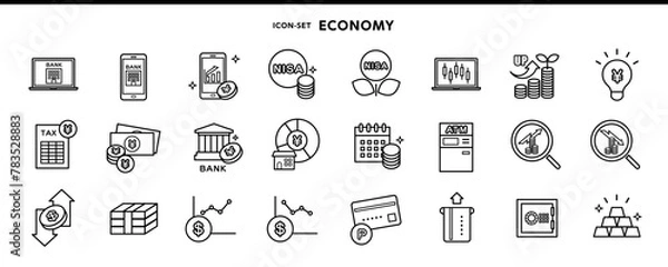 Fototapeta NISA、株、投資、投資信託、銀行など経済関係アイコンセット