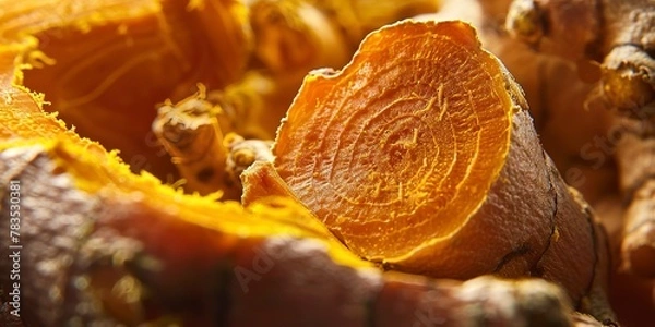 Obraz Turmeric root, cut open, close-up, vibrant orange, natural light, contrasted textures 