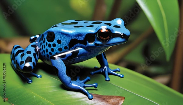 Fototapeta blue poison dart frog on a green leaf