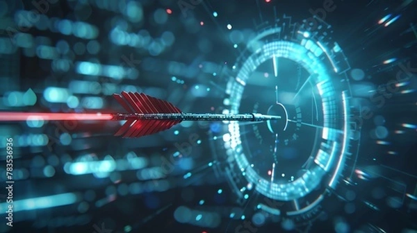 Fototapeta Arrow dynamically hitting a target in a digital setting, symbolizing successful execution of business plans