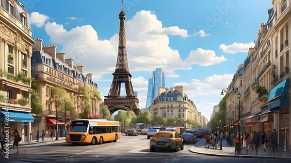 Fototapeta A detailed digital illustration of the Eiffel Tower amidst a bustling city, featuring intricate architectural elements and vibrant street life. The scene should convey the energy and dynamism of Paris