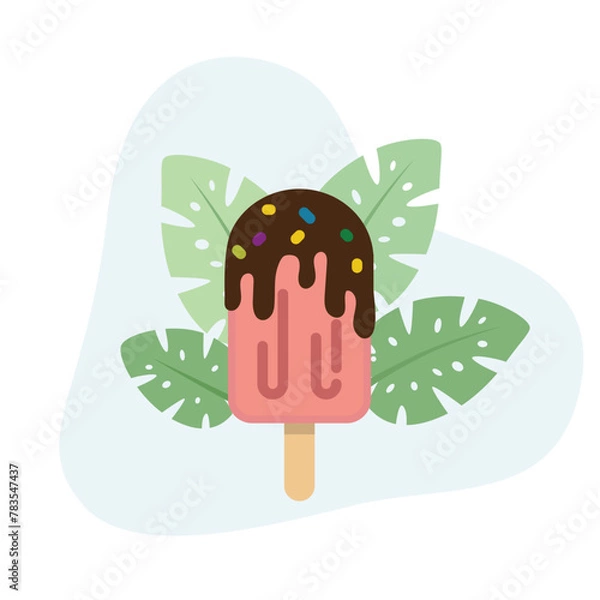 Fototapeta Strawberry popsicle with chocolate topping flat vector Illustration icon decorated with leaves for web use for dessert, frozen, ice cream, chocolate, sweet