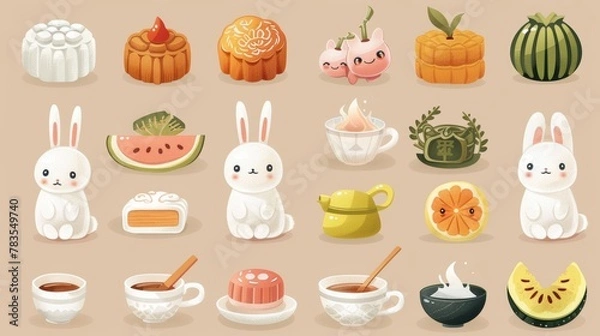 Fototapeta Isolated on beige background, this Mid Autumn Festival element set includes white bunnies, mooncakes, pomelo, and a cup of tea.