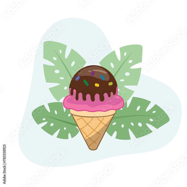 Fototapeta Strawberry and Chocolate Ice cream cone flat vector Illustration icon decorated with leaves for web use for dessert, frozen, chocolate, sweet.