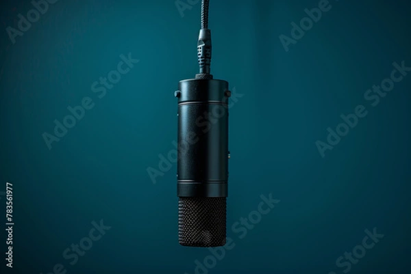 Fototapeta Suspended studio microphone against a deep blue background, implying professionalism in sound recording.