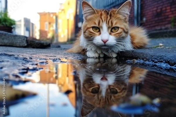 Obraz Curious Cat with Reflection on Water