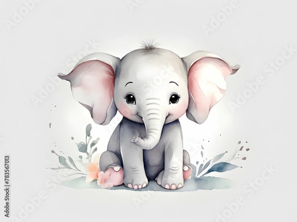 Fototapeta Very cute nursery stylized watercolour clip art, cute simple little elephant,cute very simple delicate watercolor, soft pastel colours, light grey contour, white transparent background Ai generative 