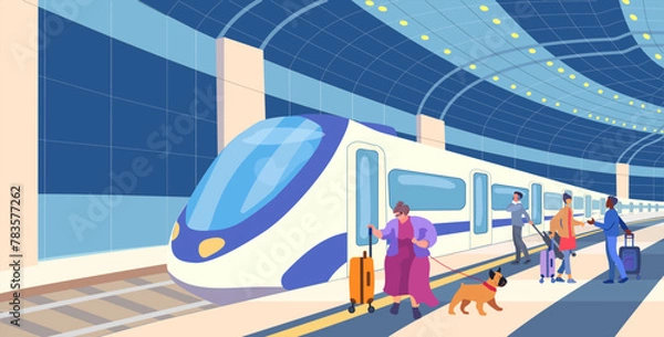 Fototapeta Railway. Metro station. Night Train. Passenger carriages on a platform with people. Inclusion human. Travel of a big woman with a dog and luggage. Meeting. Vector illustration