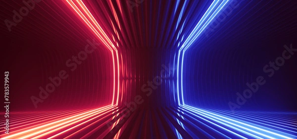 Obraz Sci Fi Neon Glowing Curved Lines Strips Yellow Blue Lines Futuristic Metal Warehouse Alien Spaceship Room Clean Dark Hangar Podium Hallway 3D Rendering