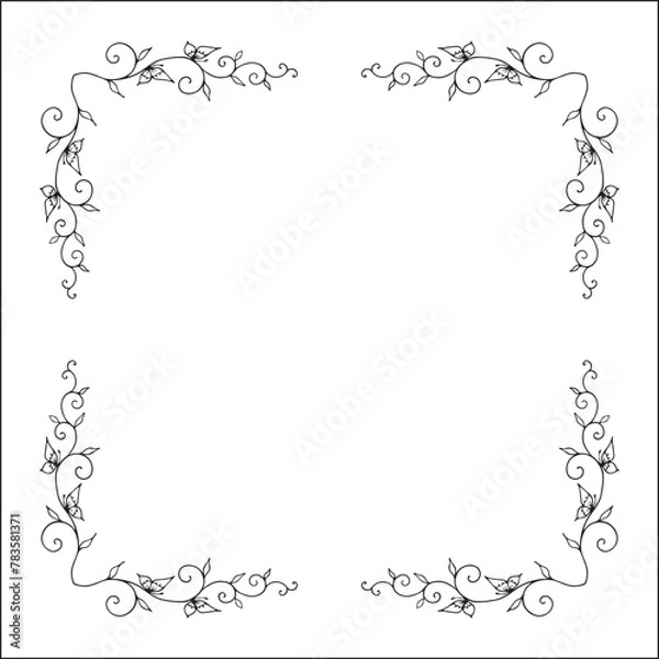 Fototapeta Black and white vegetal ornamental frame with leaves and butterflies, decorative border, corners for greeting cards, banners, business cards, invitations, menus. Isolated vector illustration.	
