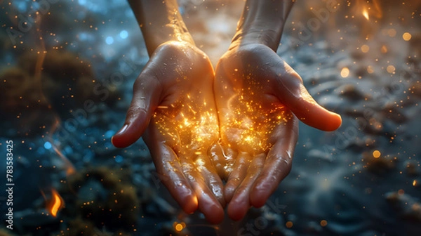 Fototapeta Hands Cradling a Burst of Cosmic Light, Essence of Life and Creation