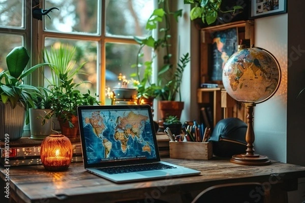 Fototapeta cool working space with traveler's theme