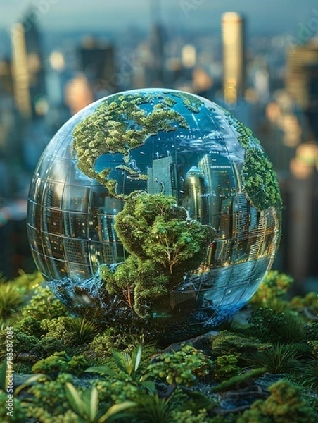 Fototapeta Technological Advancement: Globe with Skyscraper View
