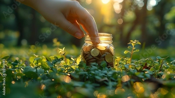 Fototapeta Investment in Nature: Hand Filling Coin into Bottle Over Green Field