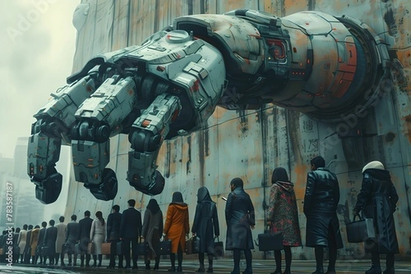 Fototapeta Surviving the AI Era: People in Line Under Giant Robotic Hand
