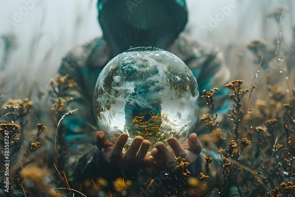 Fototapeta Hands Holding Water Globe Under the Rain: Embracing Earth's Vitality