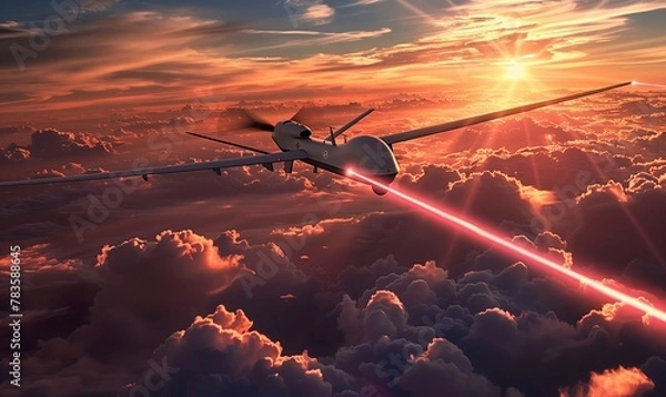 Fototapeta The laser beam hits the drone. The drone explodes. Concept of the latest weapon for fighting drones. Ukraine and Russia at war