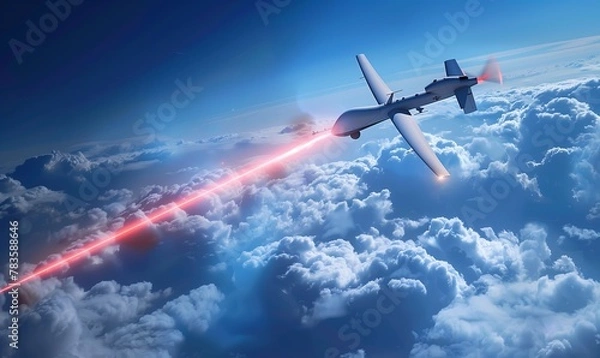 Fototapeta The laser beam hits the drone. The drone explodes. Concept of the latest weapon for fighting drones. Ukraine and Russia at war