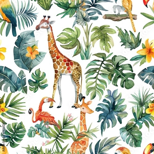 Obraz Watercolor jungle animals, seamless tropical pattern, wild and adventurous. Seamless pattern, Fabric Pattern, Tumbler Wrap, Mug Wrap.