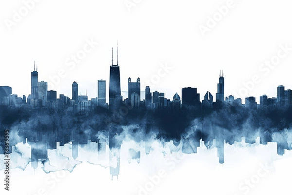 Fototapeta Monochrome blue Chicago skyline, watercolor texture, modern and minimalistic, ideal for modern urban design