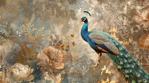 Obraz A mesmerizing artistic composition featuring a collage of vintage illustrations, delicate floral motifs, and graceful peacocks rendered in rich hues and intricate detail.

