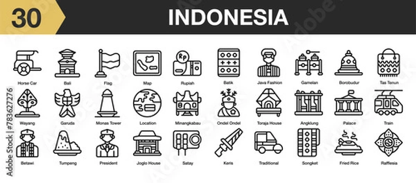 Fototapeta Set of 30 indonesia icon set. Includes bali, gamelan, songket, betawi, angklung, borobudur, and More. Outline icons vector collection.