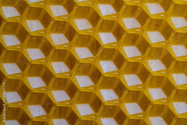 Fototapeta Background texture and pattern of section voshchina of wax honeycomb from a bee hive for filled with honey. Voshchina an artificial basis for the construction of honeycombs, sheet of wax of cells