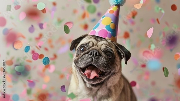 Fototapeta Funny and happy pug in a party hat with confetti flying around