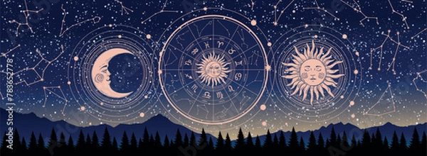 Obraz Mystical astrology banner, wheel with zodiac signs on the background of a night landscape, esoteric fortune telling poster. Vector illustration.