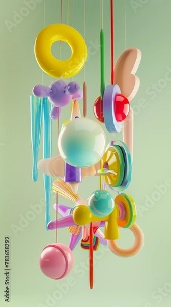 Fototapeta Whimsical and colorful objects suspended in mid-air 3d style isolated flying objects memphis style 3d render   AI generated illustration