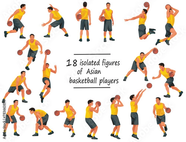 Obraz 18 Asian basketball players in yellow shirts standing with the ball, running, jumping, throwing, shooting, passing the ball