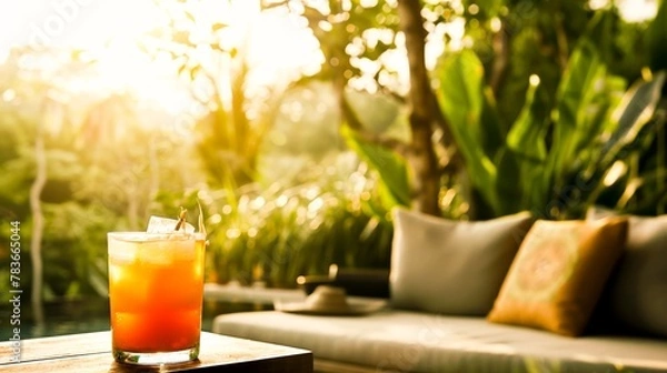 Fototapeta A serene outdoor setting with a Thai iced tea in the foreground, the amber hues contrasting with the natural greenery, inviting relaxation.