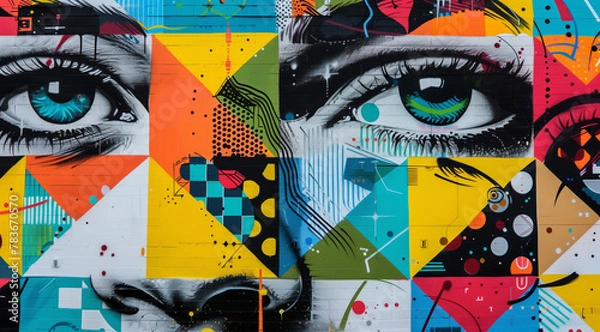 Obraz Street art mural graffiti depicting the face of an attractive woman with large eyes, surrounded by geometric patterns and vibrant colors.