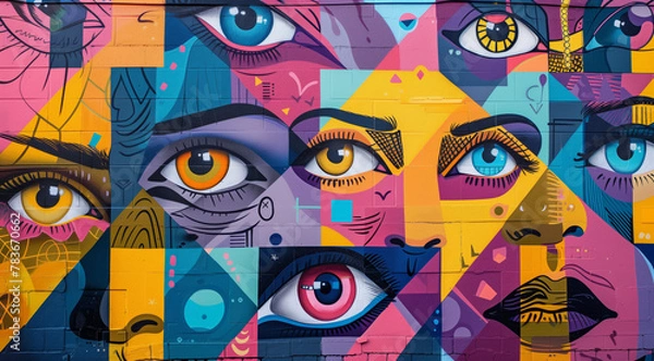 Fototapeta Street art mural graffiti depicting the face of an attractive woman with large eyes, surrounded by geometric patterns and vibrant colors.