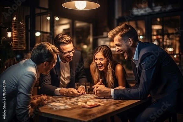 Fototapeta A group of colleagues unwinding after work with a game of Codenames, trying to decipher clues and guess the correct words
