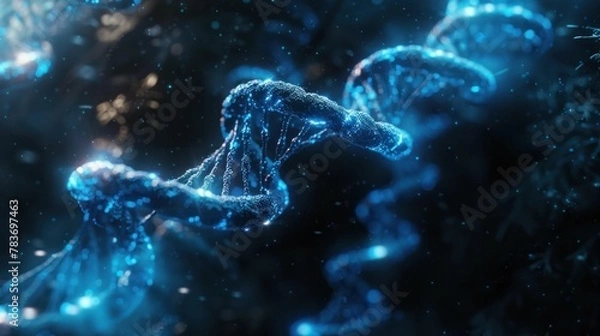 Fototapeta Futuristic glowing DNA strand in dark background with blue lights, 3D ing