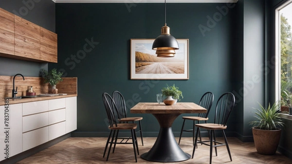 Fototapeta Frame mockup, ISO A paper size. Living room wall poster mockup. Interior mockup with house background. Modern interior design. 3D render