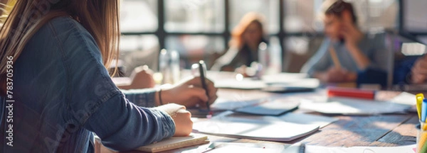 Fototapeta Focused students classroom setting working on creative project. Education school background