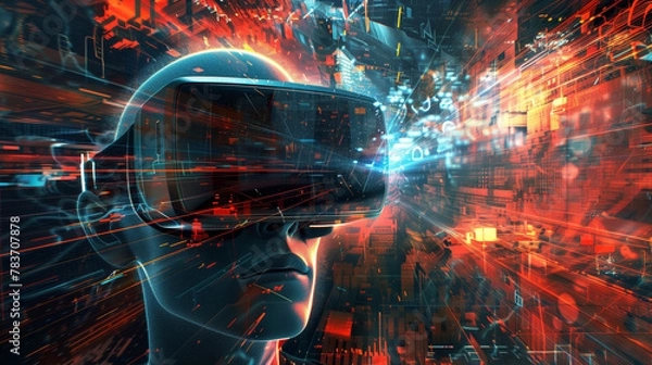 Fototapeta Person in VR headset immersed in a digital cityscape