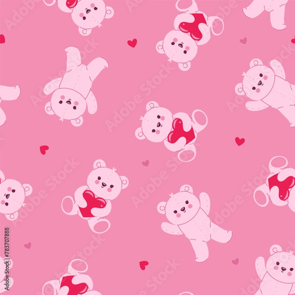 Fototapeta Pink seamless pattern with toy bears and hearts. Vector graphics.