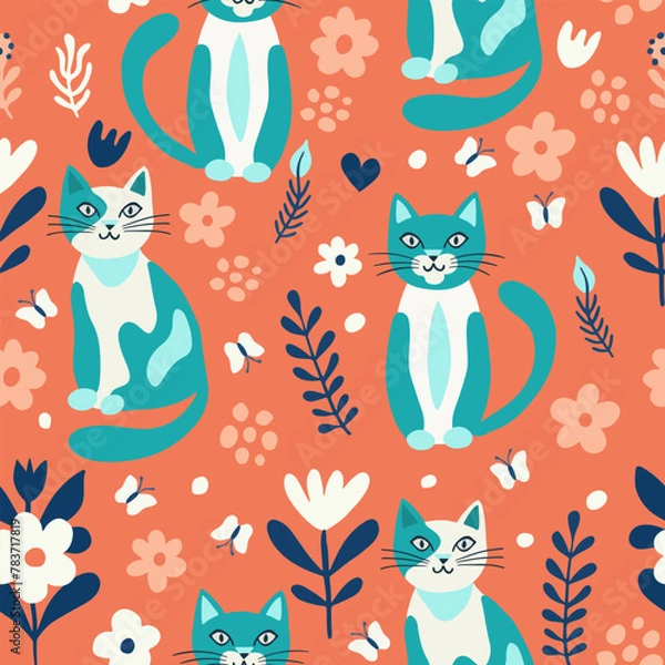 Obraz Seamless pattern vector image in flat cartoon style, cat and flowers on orange background