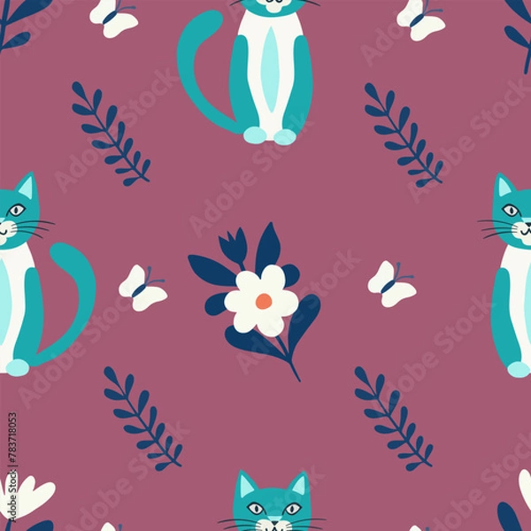 Obraz Seamless pattern vector image in flat cartoon style, cat and flowers on color background